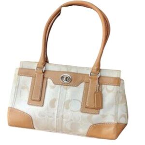 COACH Hampton Optic Cream/Tan Signature Jacquard/Leather Satchel Bag
